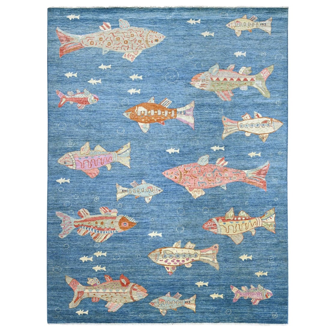 9'x11'9" Blue Afghan Peshawar with Fish Design Soft Wool Hand Knotted Rug: 9'x11'9" Blue Afghan Peshawar with Fish Design Soft Wool Hand Knotted Rug Soft and vibrant, this 9'x11'9" Blue Afghan Peshawar features a stunning fish design in a rich blue field, created using the t