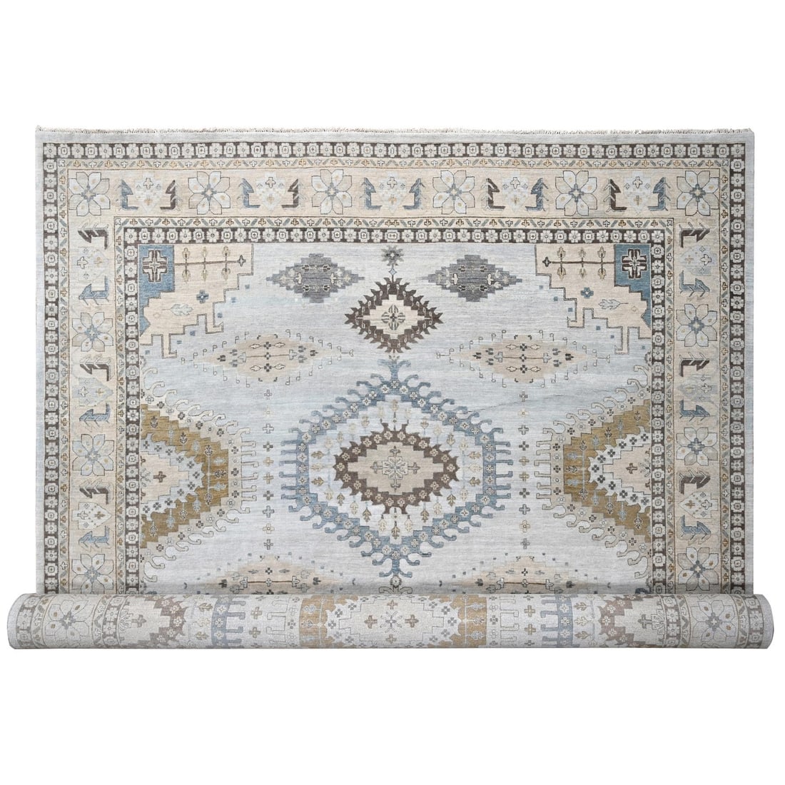 12'3"x18' Gray Hand Knotted Zoroastrian Village Geometric Oversized Rug: 12'3"x18' Gray Hand Knotted Zoroastrian Village Geometric Oversized Rug The 12'3"x18' Gray Hand Knotted Zoroastrian Village Geometric Oversized Rug boasts a stunning flatweave design with a rich, grey