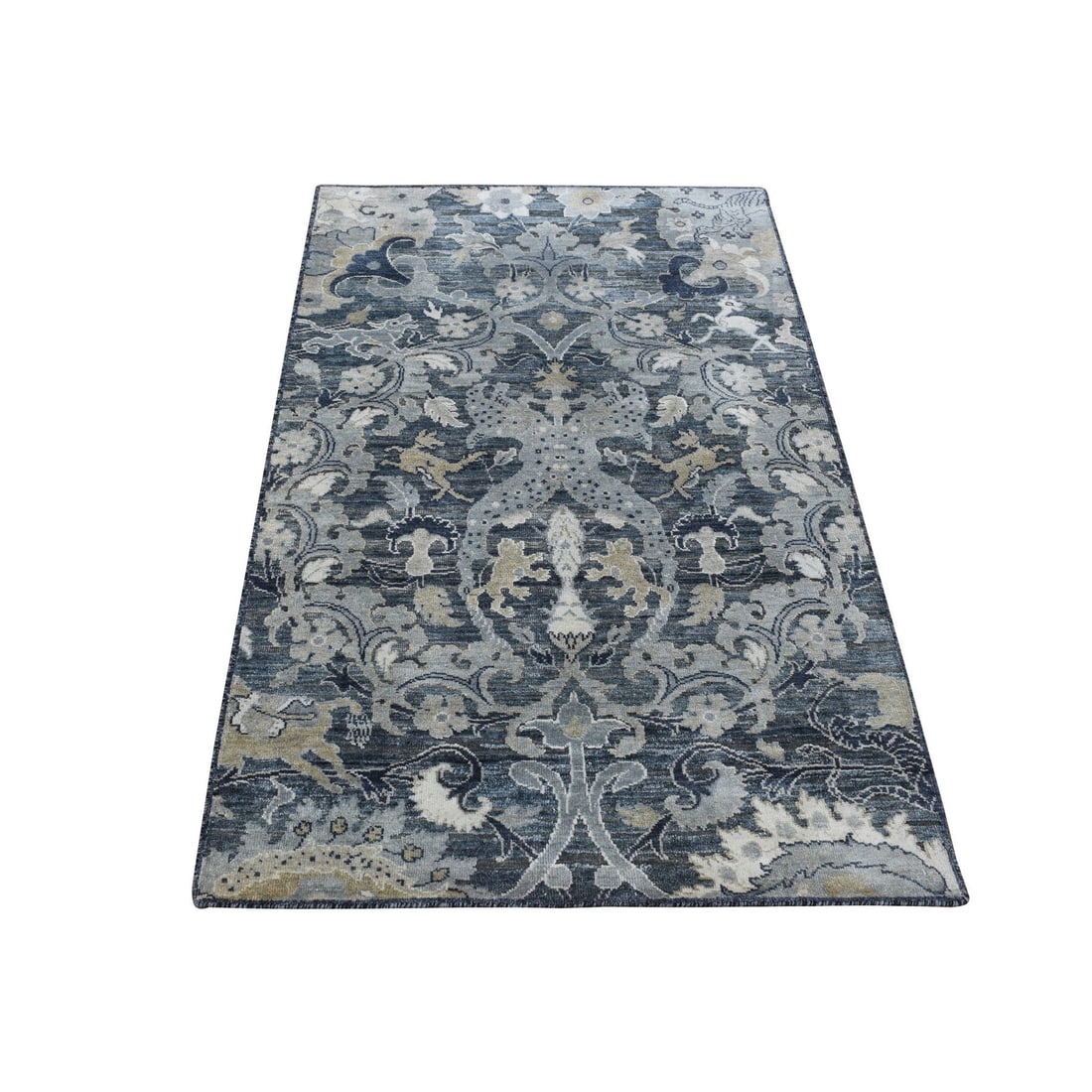 3'x5' Gray Hand Knotted Silk with Textured Wool Blossom Design Rug: 3'x5' Gray Hand Knotted Silk with Textured Wool Blossom Design Rug Gray Hand Knotted Silk with Textured Wool Blossom Design Rug features a unique, rectangular field with a hand-knotted wool and silk p