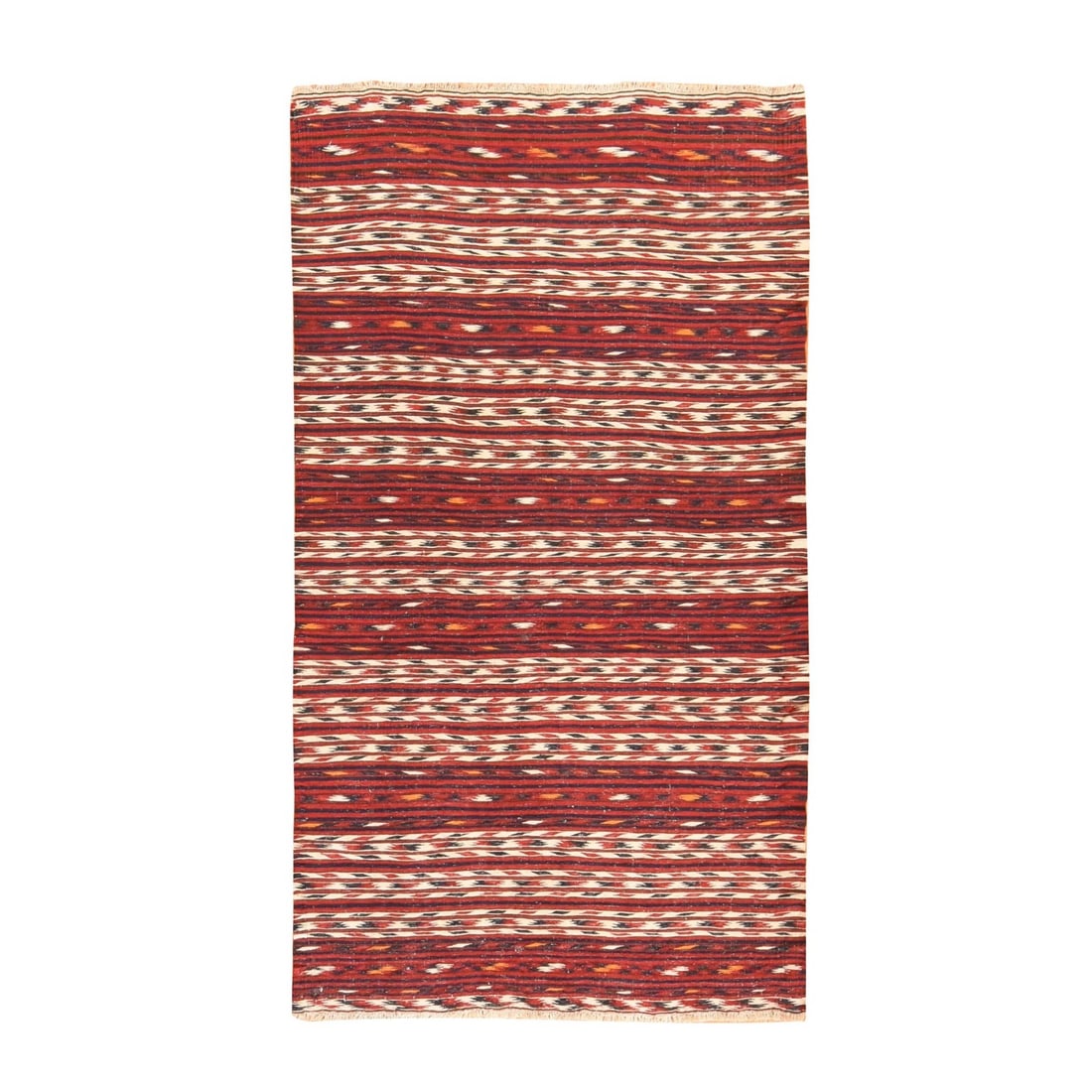 3'5"x6'5" Red Vintage Zoroastrian Kilim Hand Woven 100% Wool Oriental Rug: 3'5"x6'5" Red Vintage Zoroastrian Kilim Hand Woven 100% Wool Oriental Rug The 3'5"x6'5" Red Vintage Zoroastrian Kilim Hand Woven 100% Wool Oriental Rug boasts a striking red field with a striped patte