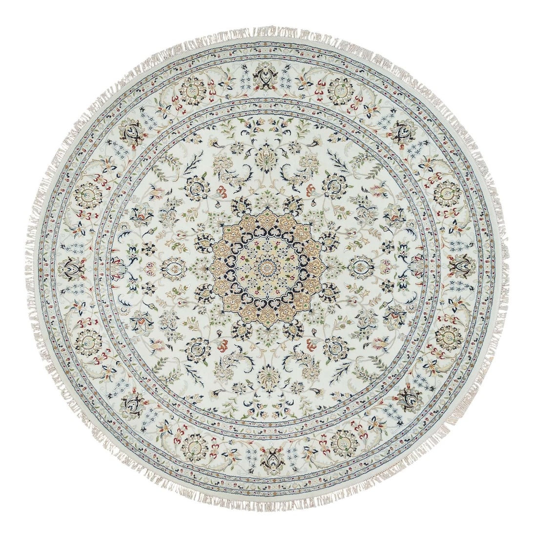 Ivory Wool Hand Knotted 7'10"x7'10" Nain Design Round Rug 250 KPSI: Ivory Wool Hand Knotted 7'10"x7'10" Nain Design Round Rug 250 KPSI 100% Wool, 7'10"x7'10" Ivory Nain Design Round Rug with a rich, ivory color and intricate knotting pattern, showcasing the exceptiona