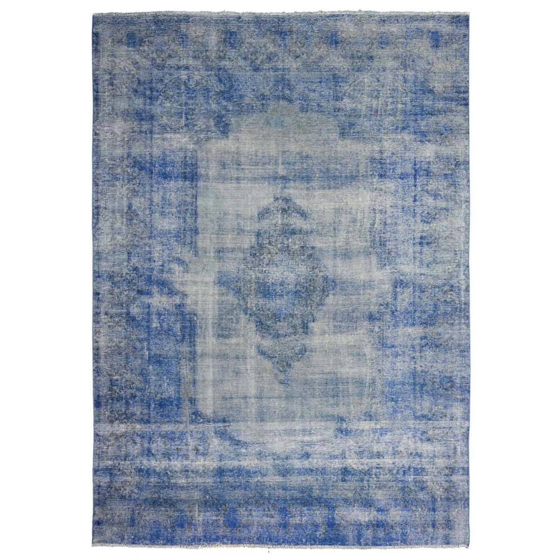 8'1"x11'5" Chelsea Blue Worn Pile Vintage Zoroastrian Karman Oriental Rug: 8'1"x11'5" Chelsea Blue Worn Pile Vintage Zoroastrian Karman Oriental Rug The 8'1"x11'5" Chelsea Blue Worn Pile Vintage Zoroastrian Karman Oriental Rug boasts a stunning blue field with intricate hand