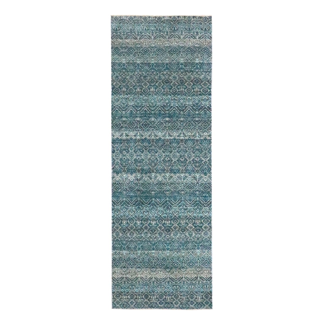 Small Blue Pure Wool Geometric Design Hand Knotted Runner Rug 2'7"x7'7: Small Blue Pure Wool Geometric Design Hand Knotted Runner Rug 2'7"x7'7 Small Blue Pure Wool Geometric Design Hand Knotted Runner Rug 2'7"x7'7 - A stunning piece of hand-knotted craftsmanship, this blu