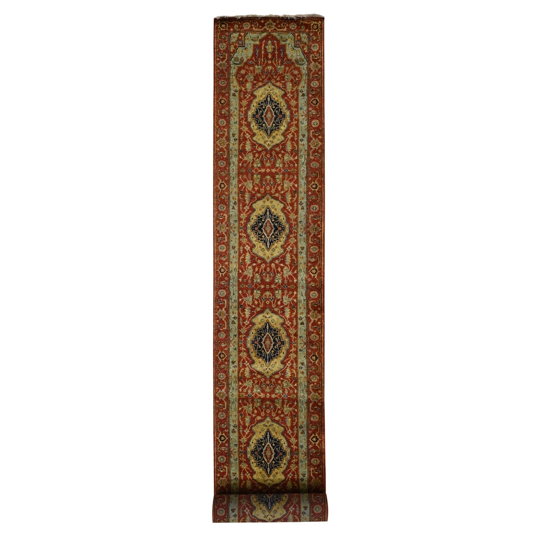 2'7"x17'7" Red XL Antiqued Heris Hand Knotted Wool Runner Oriental Rug: 2'7"x17'7" Red XL Antiqued Heris Hand Knotted Wool Runner Oriental Rug Red XL Antiqued Heris Hand Knotted Wool Runner Oriental Rug boasts a striking 2'7" x 17'7" size and a vibrant red color, with int