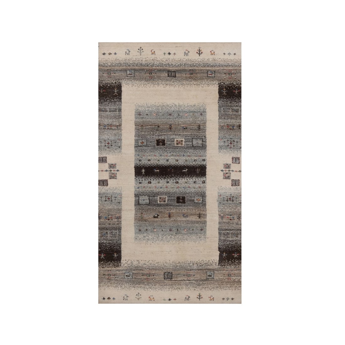 2'6"x4'7" Ivory Animal Figurines Modern Hand Knotted Wool Oriental Rug: 2'6"x4'7" Ivory Animal Figurines Modern Hand Knotted Wool Oriental Rug The 2'6"x4'7" Ivory Animal Figurines Modern Hand Knotted Wool Oriental Rug is a stunning example of traditional craftsmanship, bo