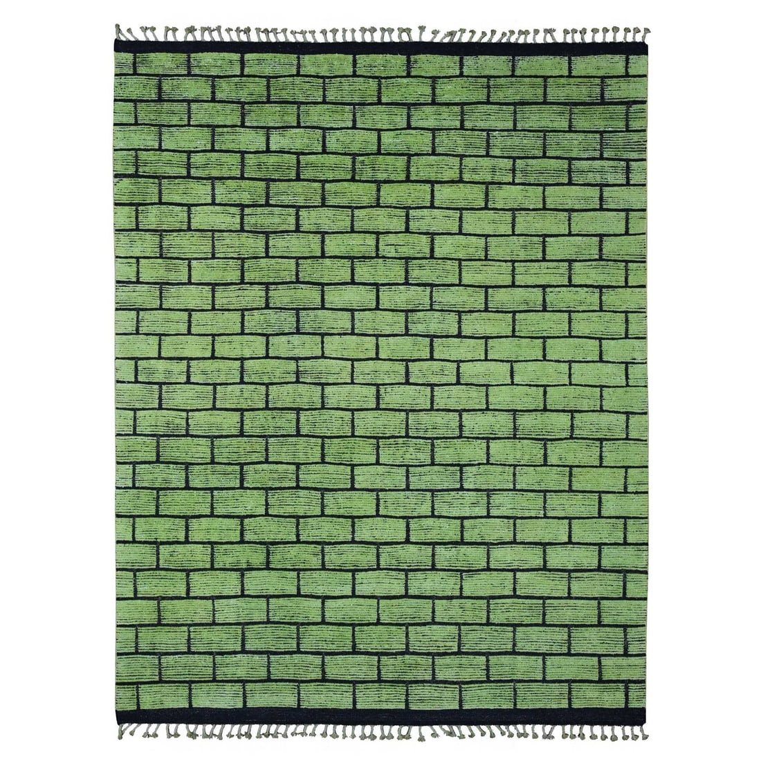 2'8"x10'6" Green Hand Knotted Moroccan Pure Wool Brick Design Rug: 2'8"x10'6" Green Hand Knotted Moroccan Pure Wool Brick Design Rug This stunning 2'8"x10'6" Green Hand Knotted Moroccan Pure Wool Brick Design Rug boasts a striking green field with a traditional Moroc