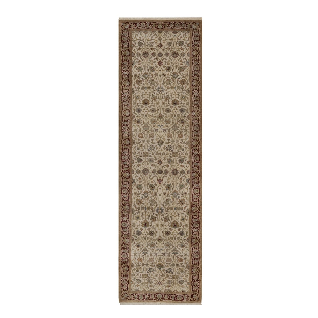Ivory Hand Knotted Kishoon Design 300 KPSI 2'9"x9'7" New Zealand Wool Runner: Ivory Hand Knotted Kishoon Design 300 KPSI 2'9"x9'7" New Zealand Wool Runner Hand-knotted in New Zealand wool, this stunning ivory Kishoon design rug boasts an all-over regional pattern in a rich, tim