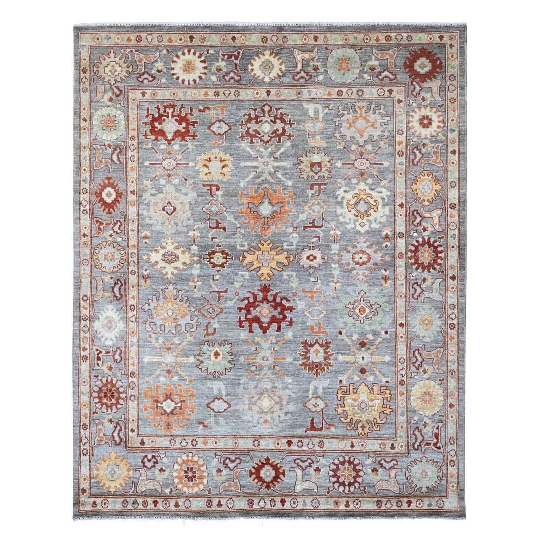 7'10"x9'9" Gray Afghan Wool Angora Oushak Leaf Design Hand Knotted Rug: 7'10"x9'9" Gray Afghan Wool Angora Oushak Leaf Design Hand Knotted Rug 7'10"x9'9" Gray Afghan Wool Angora Oushak Leaf Design Hand Knotted Rug - A stunning example of traditional Afghan craftsmanship, 