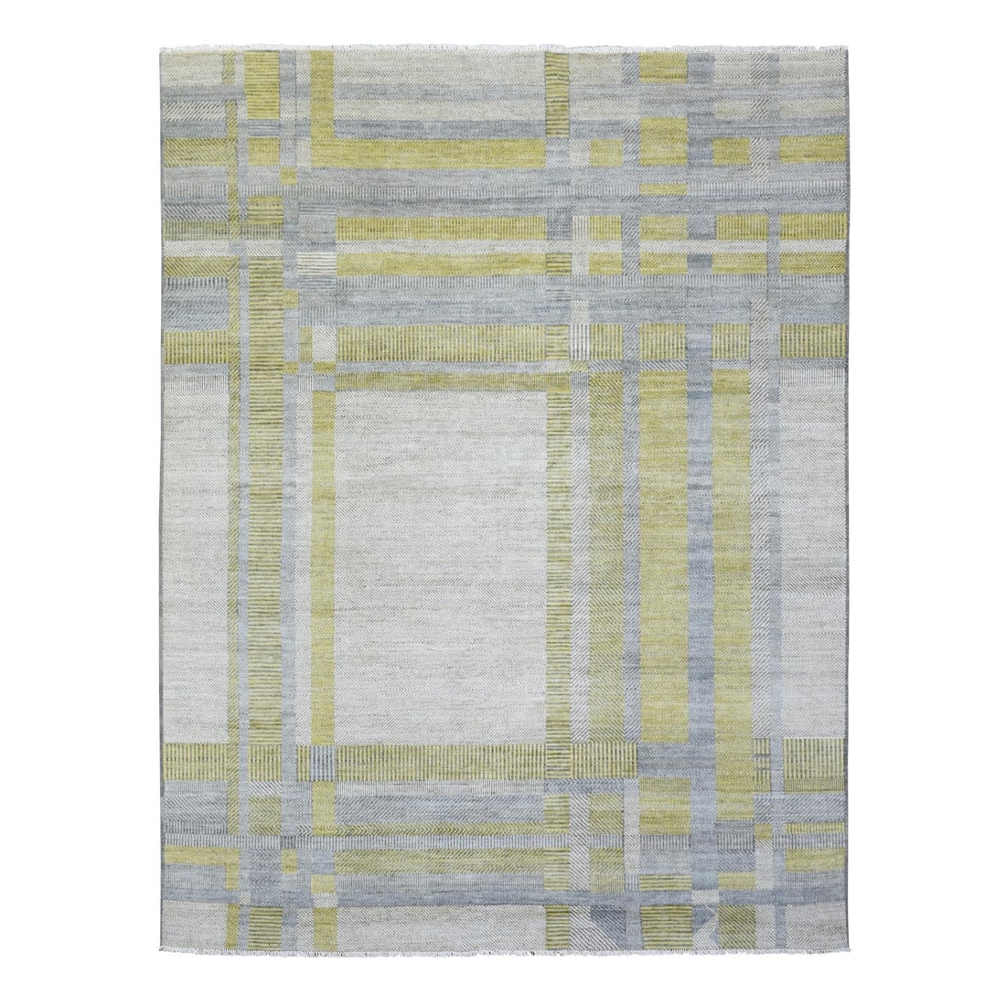 7'9"x10'2" Light Gray Modern Design Soft Organic Wool Hand Knotted Rug: 7'9"x10'2" Light Gray Modern Design Soft Organic Wool Hand Knotted Rug Soft and modern, this 7'9"x10'2" light gray wool rug boasts a unique design that adds a touch of sophistication to any room. Made