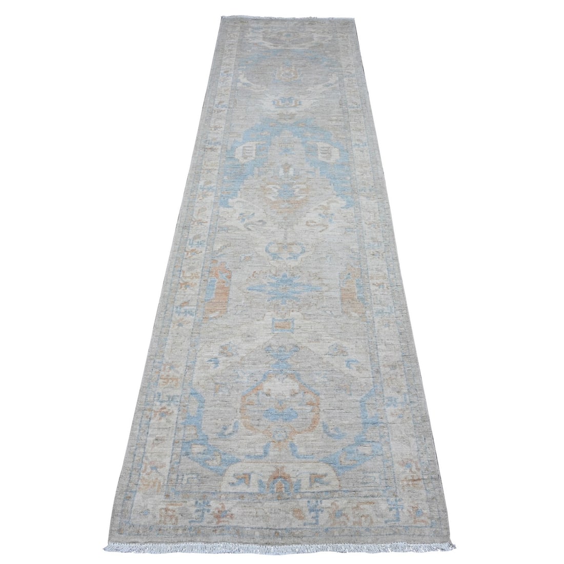Ice Cube Gray Fine Aryana Peshawar Runner Oriental Rug 2'7"x9'6: Ice Cube Gray Fine Aryana Peshawar Runner Oriental Rug 2'7"x9'6 Hand-knotted in wool, this 2'7"x9'6" Oriental Runner rug boasts a stunning grey field color with intricate regional design, characterist