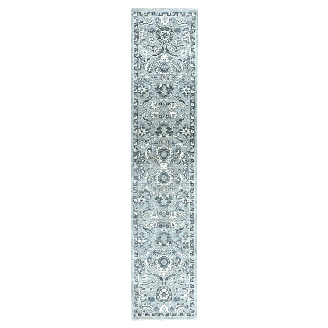 2'5"x11'7" Undyed Natural Wool Mahal Design Runner Hand Knotted Rug: 2'5"x11'7" Undyed Natural Wool Mahal Design Runner Hand Knotted Rug Hand-knotted in undyed natural wool, this 2'5"x11'7" Afghan weave runner boasts a striking Mahal design. Made from a combination of 