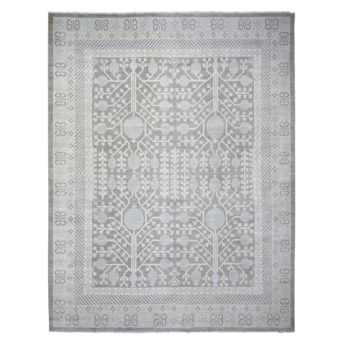11'2"x14'3" Gray Washed Out Peshawar Hand Knotted Pure Wool Oversized Rug: 11'2"x14'3" Gray Washed Out Peshawar Hand Knotted Pure Wool Oversized Rug The Peshawar hand-knotted wool rug boasts a stunning grey washed-out hue, adding a touch of sophistication to any room. This r
