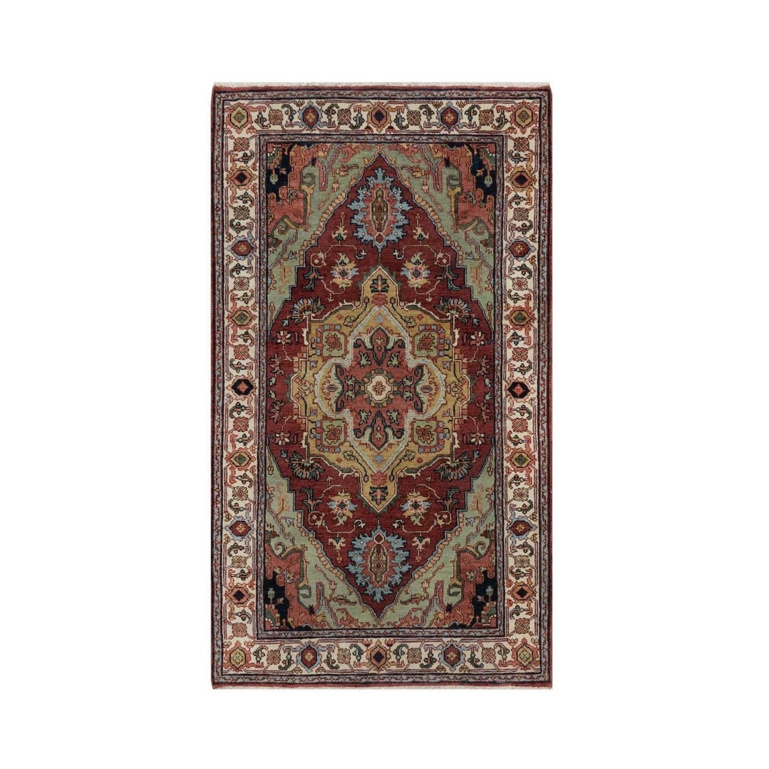3'x5'1" Red Antiqued Heris Re-Creation Hand Knotted New Zealand Wool Rug: 3'x5'1" Red Antiqued Heris Re-Creation Hand Knotted New Zealand Wool Rug Hand-knotted in New Zealand wool, this 3'x5'1" red antiqued Heris-style rug boasts a medallion regional design with intricate p