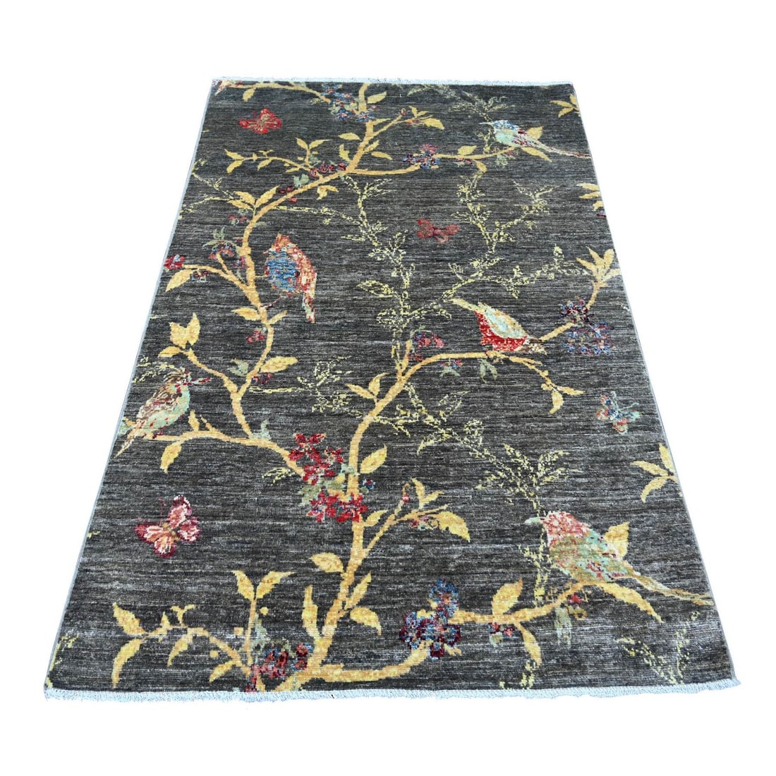 3'10"x5'10" Charcoal Gray Sparrows on the Tree Hand Knotted Soft Wool Rug: 3'10"x5'10" Charcoal Gray Sparrows on the Tree Hand Knotted Soft Wool Rug The 3'10"x5'10" Charcoal Gray Sparrows on the Tree Hand Knotted Soft Wool Rug is a stunning example of traditional Peshawar de
