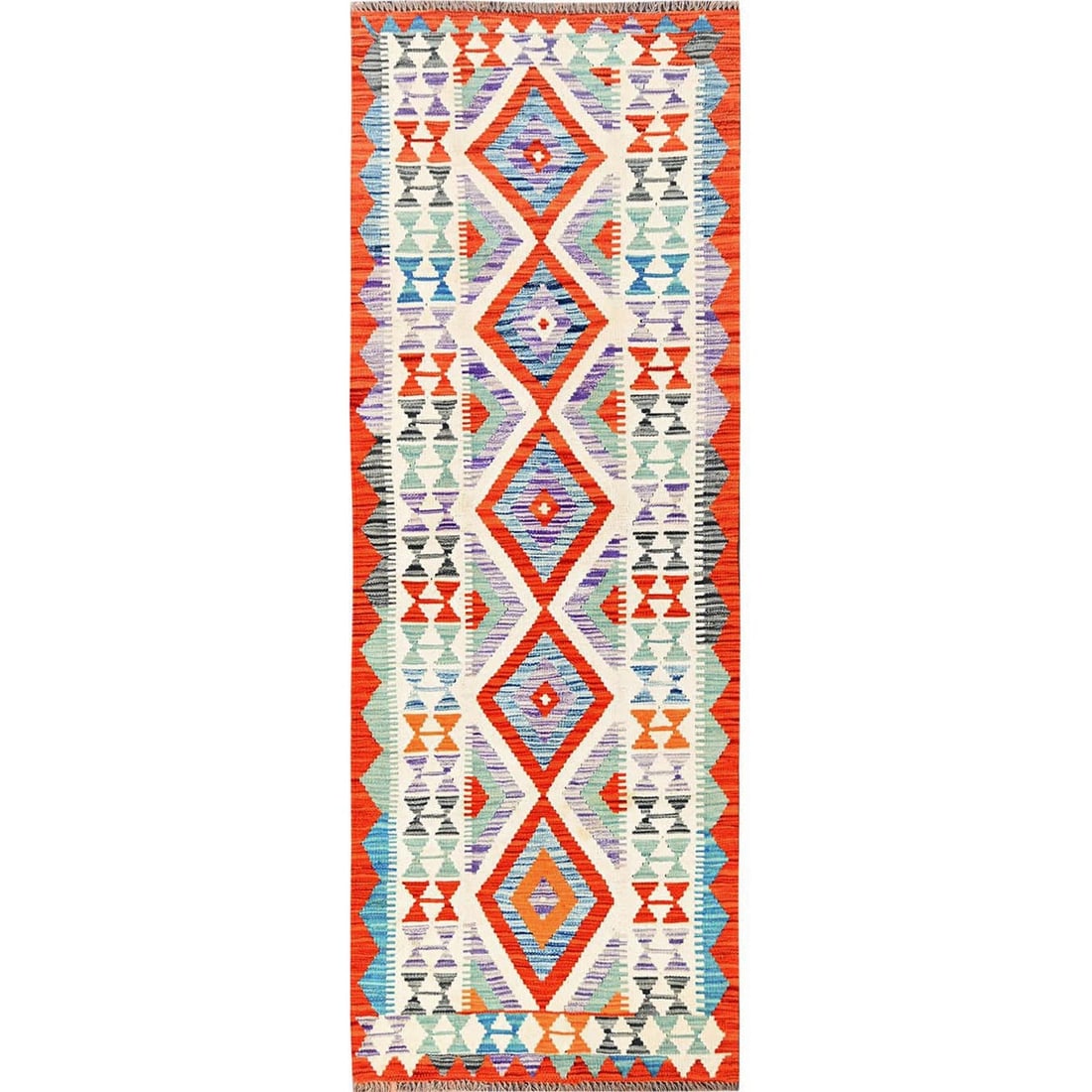 2'10"x8'4" Colorful Afghan Kilim 100% Wool Rug Flat Weave Hand Woven Runner: 2'10"x8'4" Colorful Afghan Kilim 100% Wool Rug Flat Weave Hand Woven Runner Colorful and vibrant, this 2'10"x8'4" hand-woven wool kilim runner boasts a stunning multicolored geometric pattern inspired