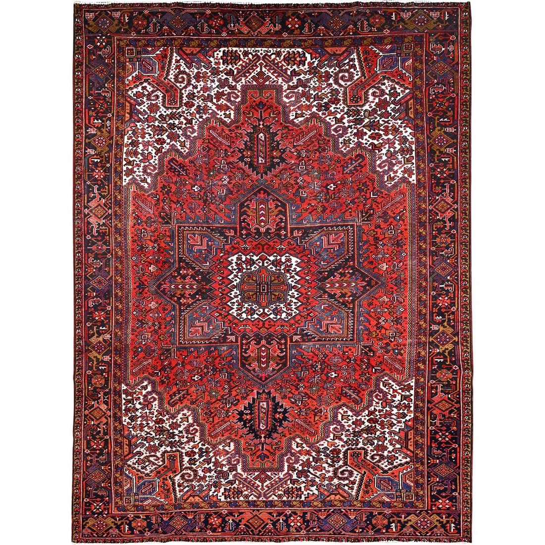 10'x13'2" Red Pure Wool Hand Knotted Semi Antique Zoroastrian Heris Rug: 10'x13'2" Red Pure Wool Hand Knotted Semi Antique Zoroastrian Heris Rug 10'x13'2" Red Pure Wool Hand Knotted Semi Antique Zoroastrian Heris Rug boasts a stunning red color and intricate hand-knotted d
