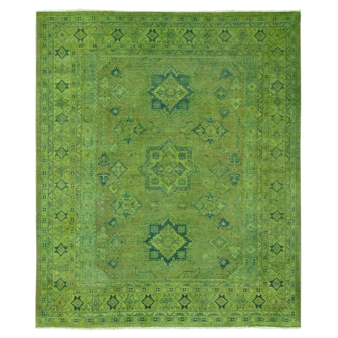 8'x9'6" Green Overdyed Kazak Medallions Design Hand Knotted 100% Wool Rug: 8'x9'6" Green Overdyed Kazak Medallions Design Hand Knotted 100% Wool Rug Hand-knotted in 100% wool, this stunning 8'x9'6" Kazak-style medallions design rug boasts a vibrant green overdyed color palet