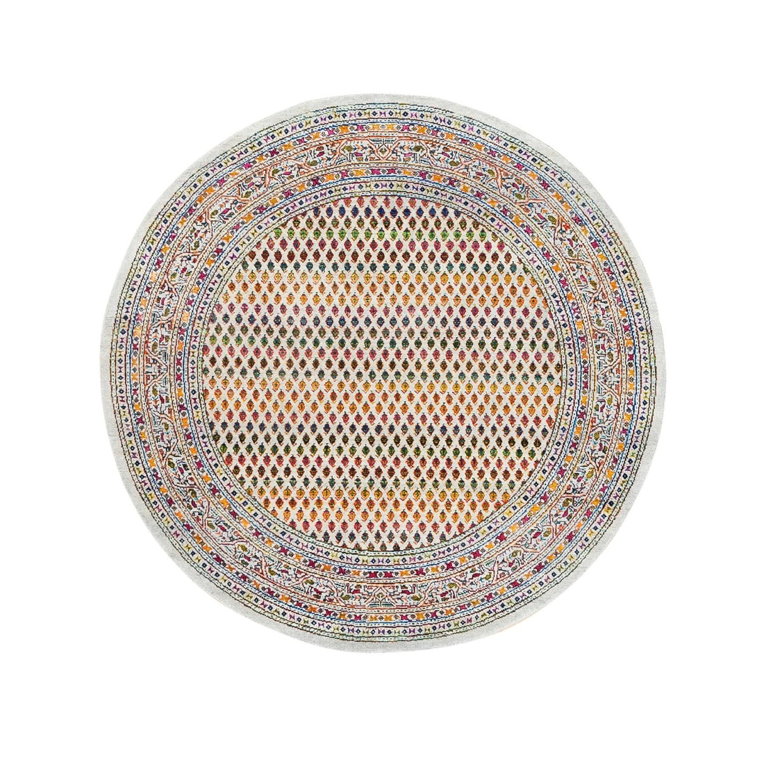 Colorful Wool And Round Sari Silk Saroogh Hand Knotted Rug: Colorful Wool And Round Sari Silk Saroogh Hand Knotted Rug Wool and sari silk come together in a vibrant, hand-knotted rug with a classic Oriental design. This stunning round field rug boasts a rich b
