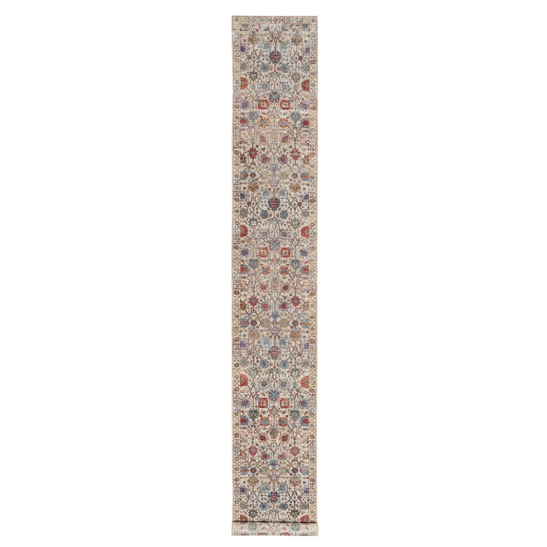 2'6"x18'4" White Tebraz Vase Hand Knotted Silk and Wool XL Runner Rug: 2'6"x18'4" White Tebraz Vase Hand Knotted Silk and Wool XL Runner Rug Hand-knotted silk and wool, this 2'6"x18'4" Oriental-style runner rug boasts an ivory field with subtle nuances, adding warmth and