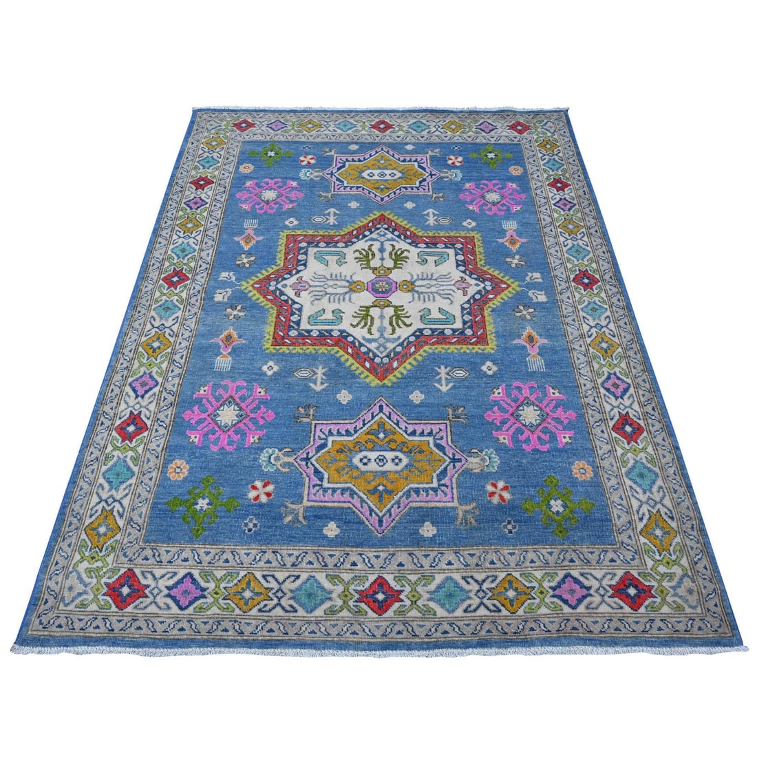 5'x6'5" Air Superiority Blue Hand Knotted Fusion Kazak Oriental Rug: 5'x6'5" Air Superiority Blue Hand Knotted Fusion Kazak Oriental Rug This stunning 5'x6'5" Air Superiority Blue Hand Knotted Fusion Kazak Oriental Rug boasts a rich, vibrant blue field with intricate r