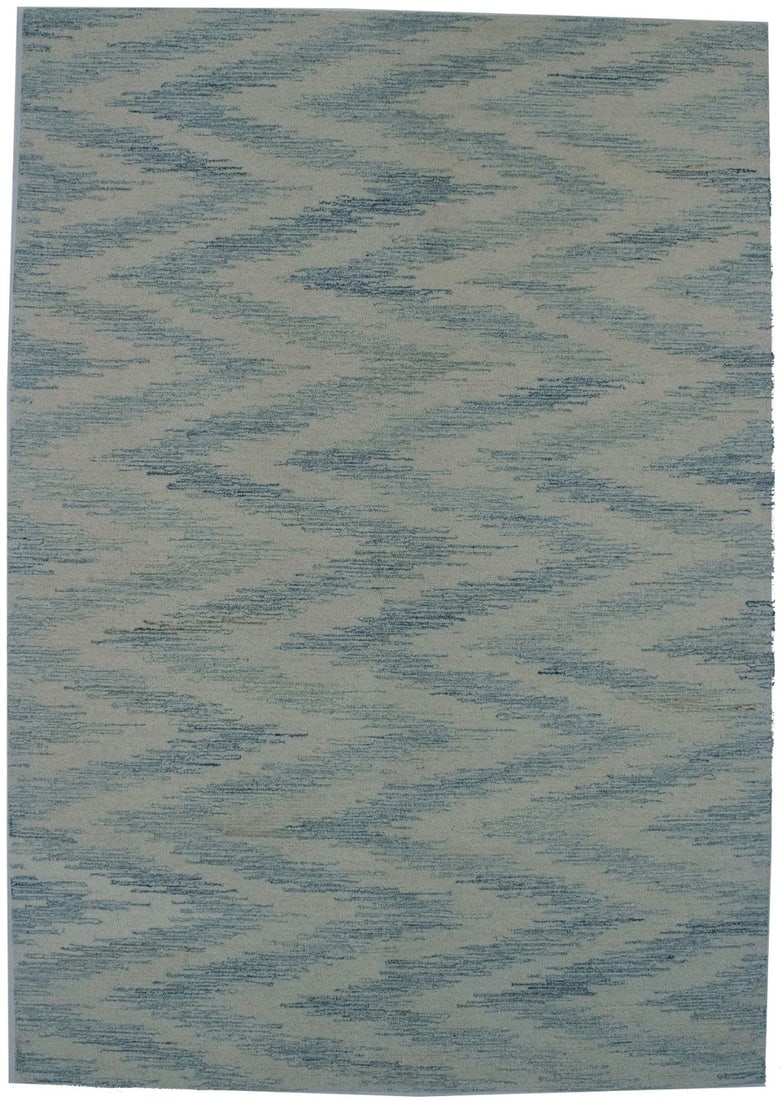 Hand-Tufted Oriental Area Rug 5X8 Ft Zig-Zag Art Deco Blue & Cream Carpet Hand-Knotted: Hand-Tufted Oriental Area Rug 5X8 Ft Zig-Zag Art Deco Blue & Cream Carpet Hand-Knotted Hand-tufted in wool and cotton, this 5x8 ft abstract Art Deco design features a striking blue and cream color sch