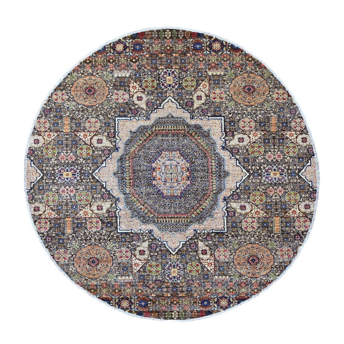 7'8"x7'8" Brown 14th Century Mamluk Pattern Hand Knotted Wool Round Rug: 7'8"x7'8" Brown 14th Century Mamluk Pattern Hand Knotted Wool Round Rug The 7'8"x7'8" Brown Mamluk Pattern Hand Knotted Wool Round Rug is a stunning piece of traditional Afghan craftsmanship, boasting