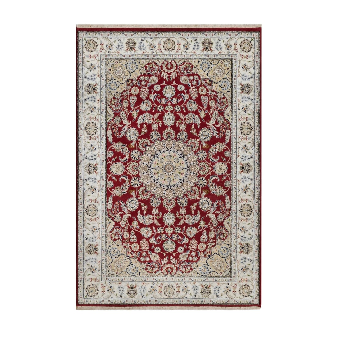 Andorra Red Nain Flower Design Hand Knotted Wool Silk Rug (1 of 11)