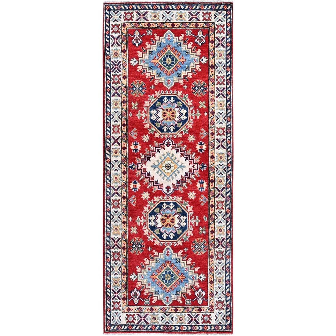 2'7"x6'9" Red Kazak Medallions Design Soft Wool Hand Knotted Runner Rug: 2'7"x6'9" Red Kazak Medallions Design Soft Wool Hand Knotted Runner Rug Soft wool hand-knotted medallion design adds a touch of elegance to any room with this stunning 2'7"x6'9" red Kazak runner rug. 
