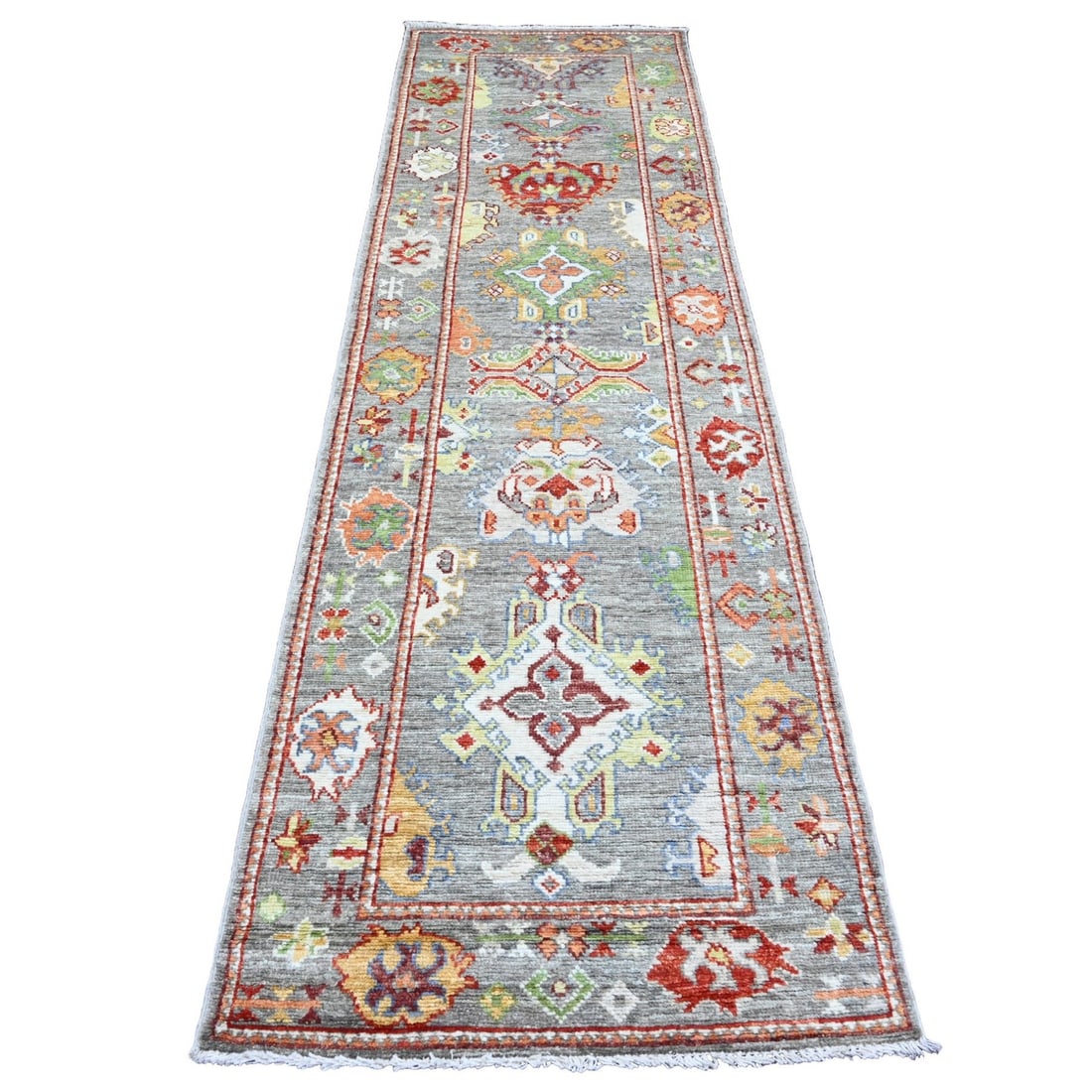 2'9"x9'6" Gray Angora Oushak Leaf Design Hand Knotted All Wool Runner Rug: 2'9"x9'6" Gray Angora Oushak Leaf Design Hand Knotted All Wool Runner Rug This 2'9"x9'6" Gray Angora Oushak Leaf Design Hand Knotted All Wool Runner Rug boasts a stunning leaf design in a soothing gra