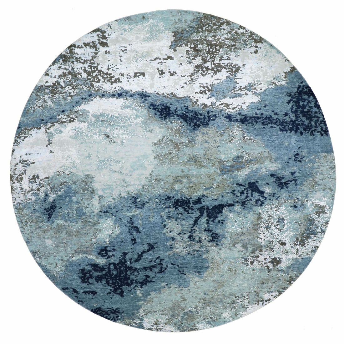 Hand knotted wool rug abstract design oriental round 10'2"x10'2" gray: Hand knotted wool rug abstract design oriental round 10'2"x10'2" gray Hand-knotted wool rug with an abstract oriental design, featuring a subtle gray field color and accents of brown, ivory, light blu