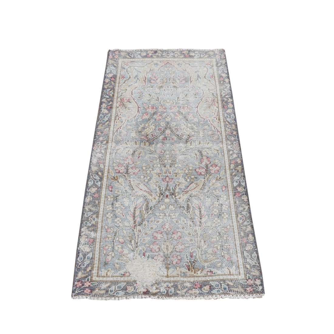 1'9"x3'7" Blue Vintage Zoroastrian Karman Hand Knotted Wool Worn Rug: 1'9"x3'7" Blue Vintage Zoroastrian Karman Hand Knotted Wool Worn Rug Blue Vintage Zoroastrian Karman Hand Knotted Wool Worn Rug boasts a stunning rectangular field with intricate oriental design, char