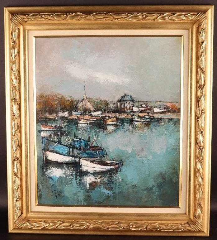 Signed Claude Farcy Oil Painting Boat Landing Harbor Scene Framed French Art (1 of 10)