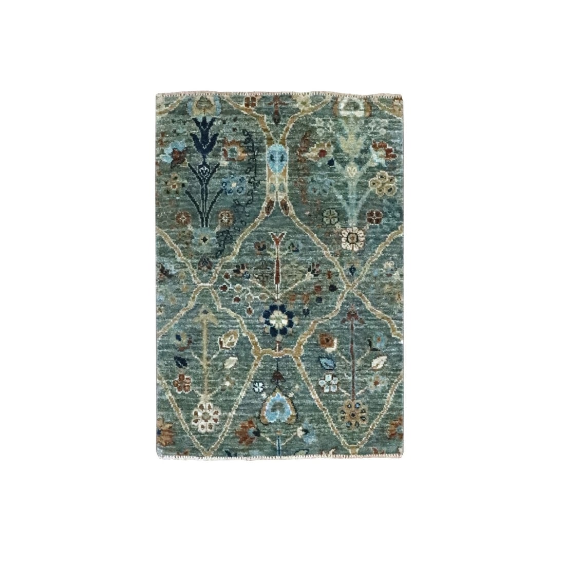 2'x3' Green Hand Knotted Mat Wool Rug Trellis Borderless Garden Design: 2'x3' Green Hand Knotted Mat Wool Rug Trellis Borderless Garden Design This 2'x3' green hand-knotted wool rug features a unique trellis borderless garden design, showcasing the beauty of natural mater