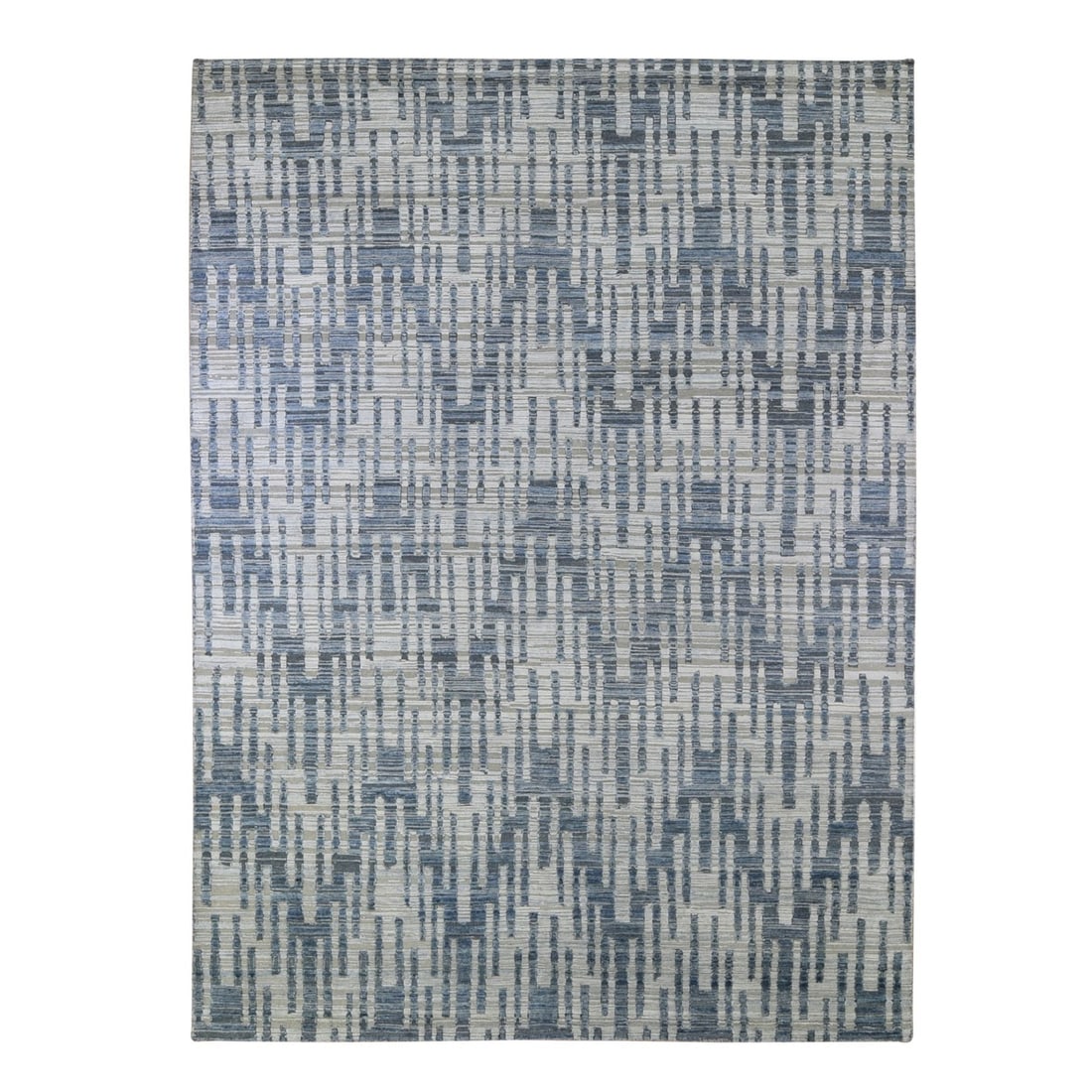 9'x12'2" Silk & Textured Wool Zigzag with Graph Design Hand Knotted Rug: 9'x12'2" Silk & Textured Wool Zigzag with Graph Design Hand Knotted Rug This stunning 9'0" x 12'2" hand-knotted rug boasts a striking blue and ivory graph design, intricately woven with a blend of sil