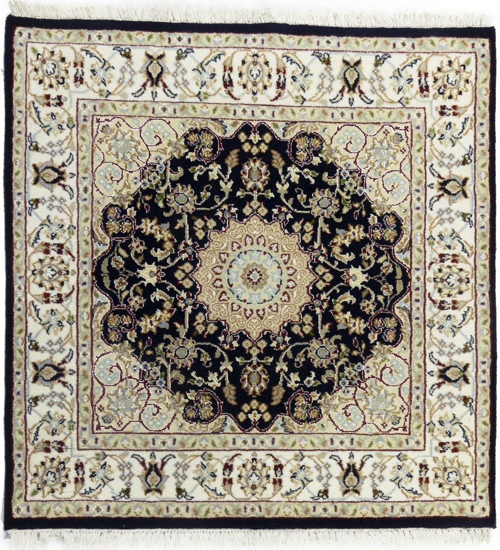 Indo-Nain Dark Navy Floral Classic Square Rug Oriental Bedroom Carpet 3X3 Ft Hand-Knotted: Indo-Nain Dark Navy Floral Classic Square Rug Oriental Bedroom Carpet 3X3 Ft Hand-Knotted Dark Navy Floral Classic Square Rug - 3X3 Ft Hand-Knotted Wool & Silk. This beautifully crafted, hand-knotted 