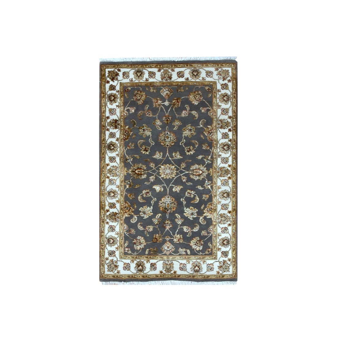 3'x5'2" Magnet Gray Hand Knotted Wool and Silk Rajasthan Oriental Rug: 3'x5'2" Magnet Gray Hand Knotted Wool and Silk Rajasthan Oriental Rug The 3'x5'2" Magnet Gray Hand Knotted Wool and Silk Rajasthan Oriental Rug is a stunning piece of traditional Indian craftsmanship,
