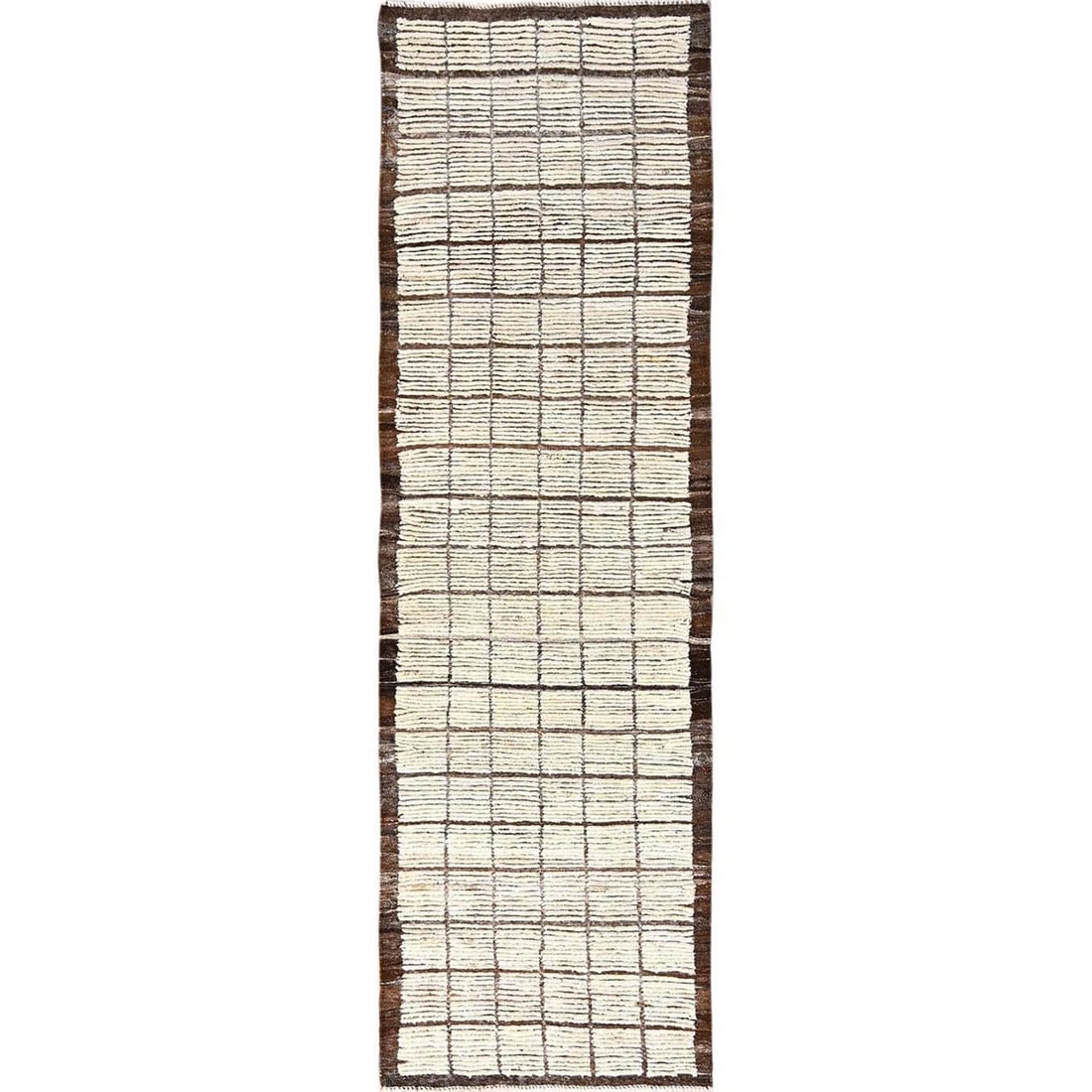 2'8"x9'6" Ivory Hand Knotted Rug Moroccan Weave Grid Design Wool Runner: 2'8"x9'6" Ivory Hand Knotted Rug Moroccan Weave Grid Design Wool Runner This stunning 2'8"x9'6" hand-knotted wool rug boasts a beautiful Moroccan weave grid design in a rich ivory color. Made from hig