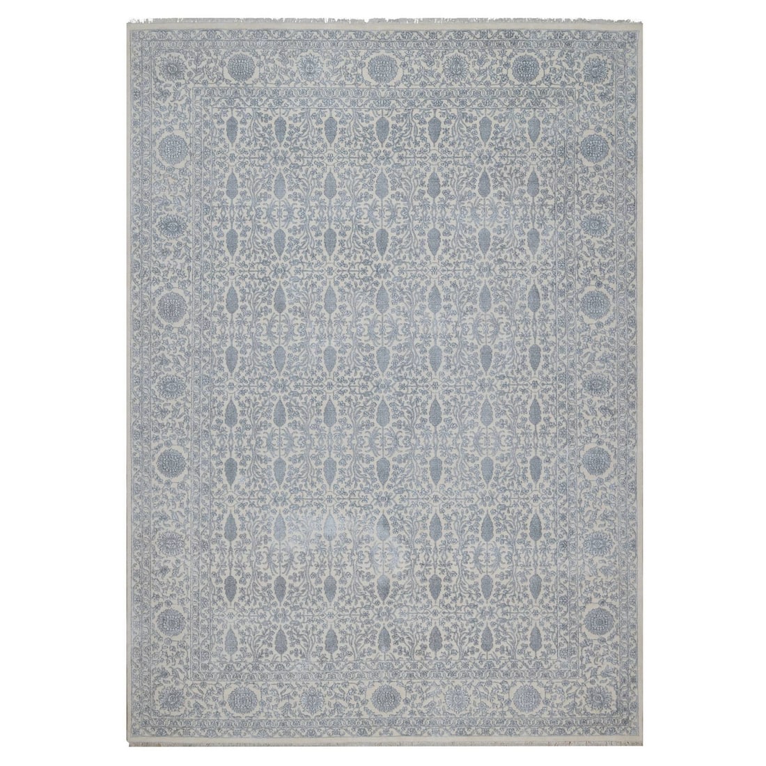 8'8"x12'1" White Zoroastrian Design Wool and Bamboo Silk Hand Knotted Rug: 8'8"x12'1" White Zoroastrian Design Wool and Bamboo Silk Hand Knotted Rug The 8'8"x12'1" White Zoroastrian Design Wool and Bamboo Silk Hand Knotted Rug is a stunning piece of craftsmanship, boasting a
