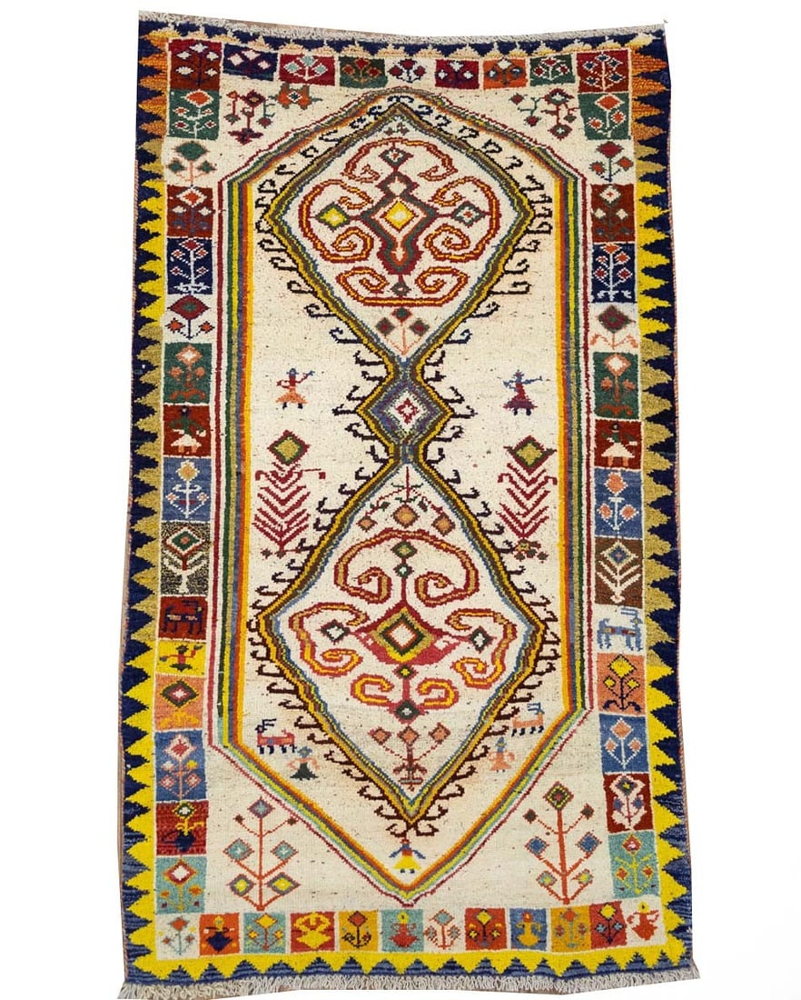 Semi-Antique Handmade Tribal Pictorial Oriental Rug Cream Entryway Carpet 3X6 Ft Hand-Knotted: Semi-Antique Handmade Tribal Pictorial Oriental Rug Cream Entryway Carpet 3X6 Ft Hand-Knotted Hand-knotted in wool, this 3'6 x 6'0 cream-colored pictorial tribal rug boasts a vintage design with a mix