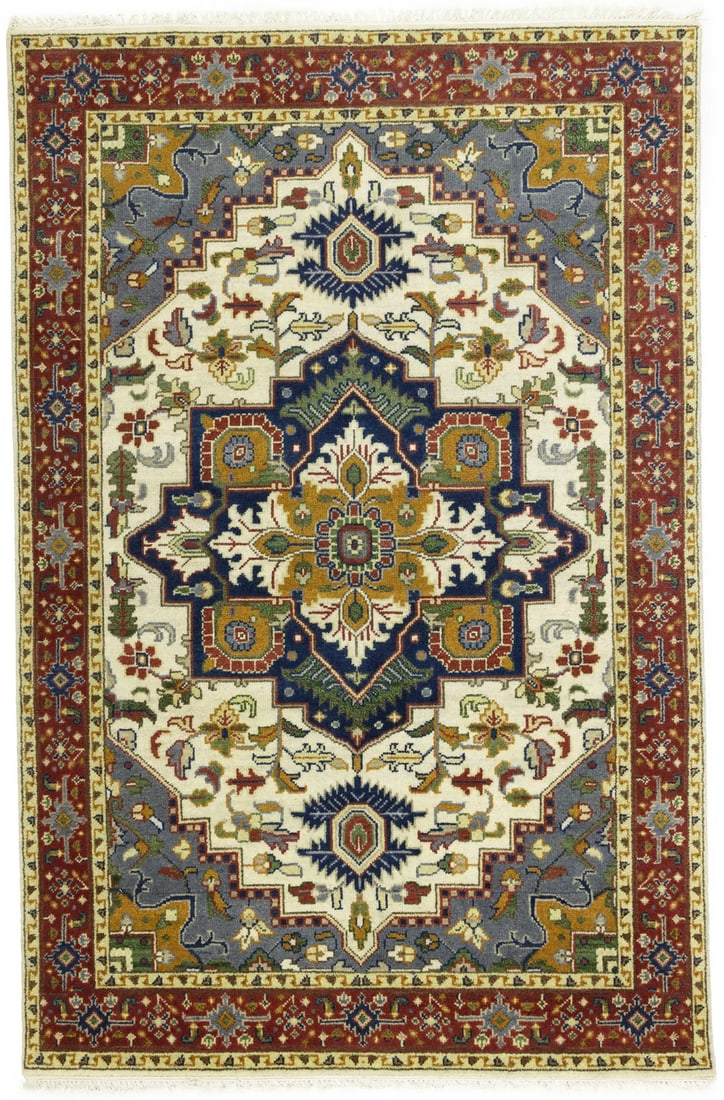 Traditional Heriz Serapi Oriental Rug 6X9 Ft Geometric Home Room Decor Carpet Hand-Knotted: Traditional Heriz Serapi Oriental Rug 6X9 Ft Geometric Home Room Decor Carpet Hand-Knotted Hand-Knotted in Wool, This Traditional Heriz Serapi Oriental Rug Boasts a Stunning Geometric Pattern in Cream