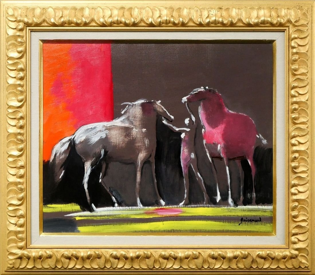 Oil painting two horses F8 signed framed original art by Paul Guiramand (1 of 10)