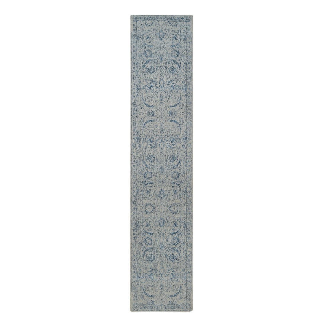2'6"x12' Fine Jacquard Wool and Silk Hand Loomed Gray Runner Rug: 2'6"x12' Fine Jacquard Wool and Silk Hand Loomed Gray Runner Rug Fine Jacquard Wool and Silk Hand Loomed Gray Runner Rug features a stunning blue field with a subtle gray tone, showcasing the intricat