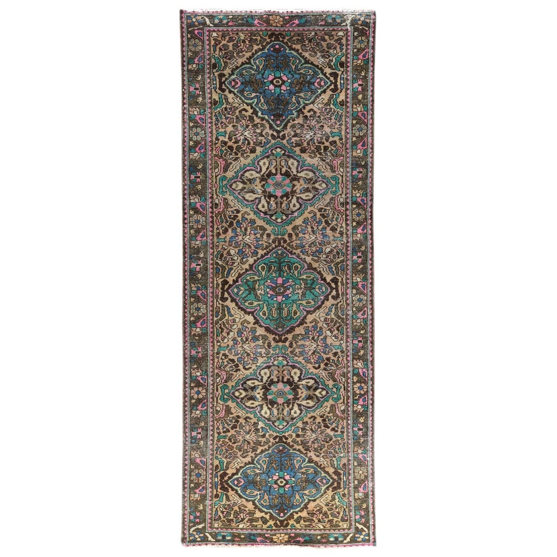 3'6"x9'7" Green Worn Wool Hand Knotted Vintage Farsian Wide Runner Rug: 3'6"x9'7" Green Worn Wool Hand Knotted Vintage Farsian Wide Runner Rug Worn wool hand-knotted Farsian runner rug with a rich, brown field and intricate regional design. Measuring 3'6" x 9'7", this vin