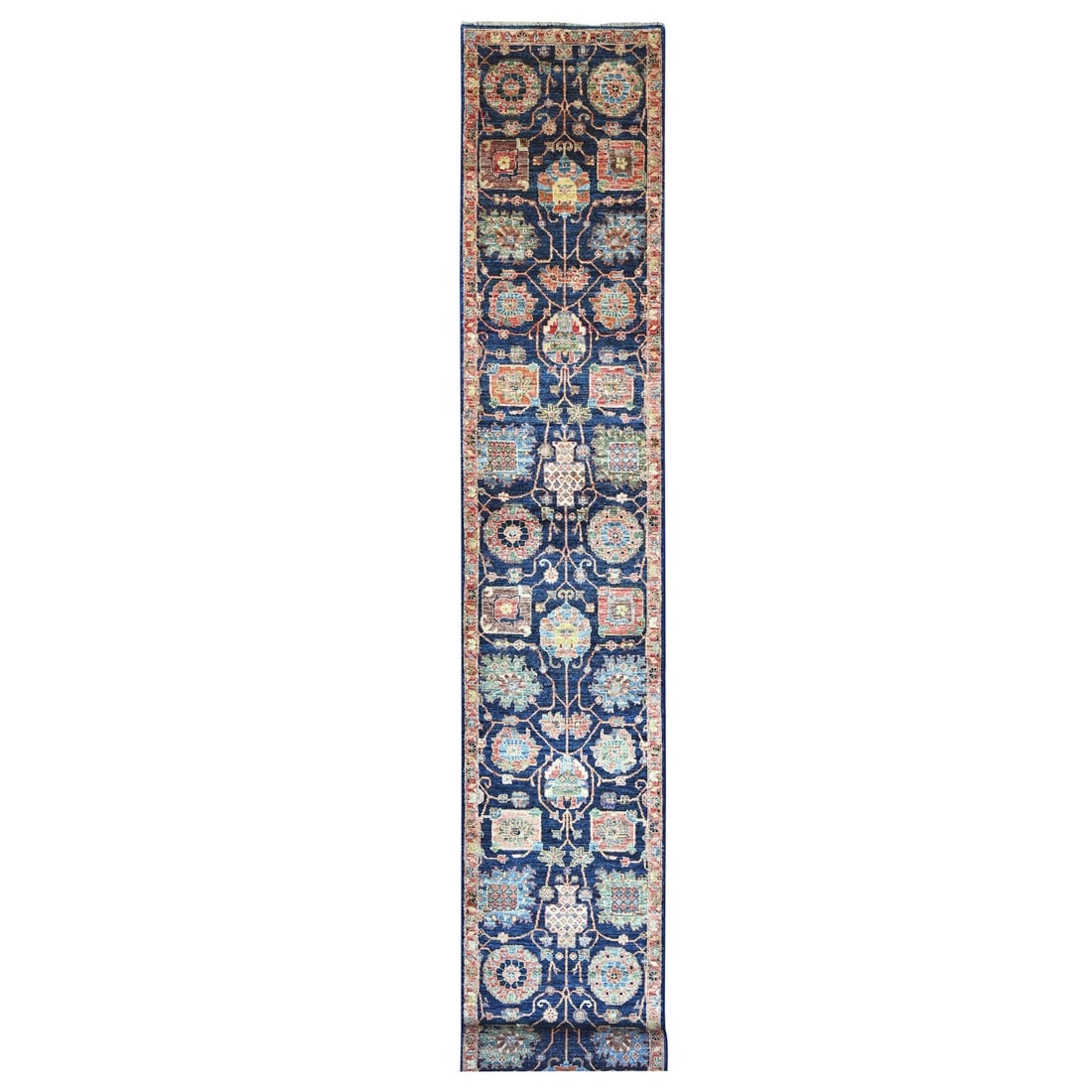 Blue Northwest Zoroastrian Design Wool Hand Knotted 2'6"x21'8" Runner Rug: Blue Northwest Zoroastrian Design Wool Hand Knotted 2'6"x21'8" Runner Rug Hand-knotted in wool, this stunning 2'6"x21'8" Blue Northwest Zoroastrian design rug boasts an all-over regional pattern and v