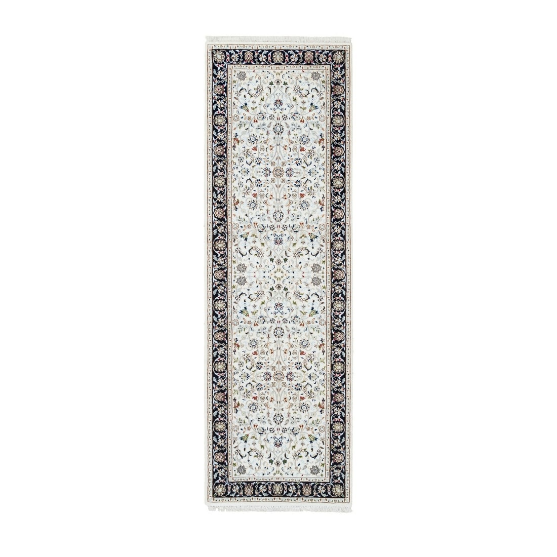 Hand Knotted Ivory Nain Wool Runner Rug 2'7"x8'2: Hand Knotted Ivory Nain Wool Runner Rug 2'7"x8'2 Hand-knotted in 100% wool, this ivory Nain wool runner rug boasts a rich, creamy color and a unique, natural texture. Measuring 2'7" x 8'2", it adds a 