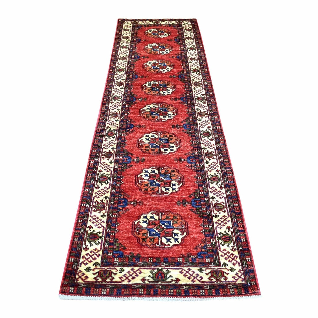 Coral Red Hand Knotted Pure Wool Turkeman Ersari Runner Rug 2'9" 9'10: Coral Red Hand Knotted Pure Wool Turkeman Ersari Runner Rug 2'9" 9'10 Coral Red Hand Knotted Pure Wool Turkeman Ersari Runner Rug 2'9" 9'10 boasts a stunning Oriental Regional Design in a vibrant Cora
