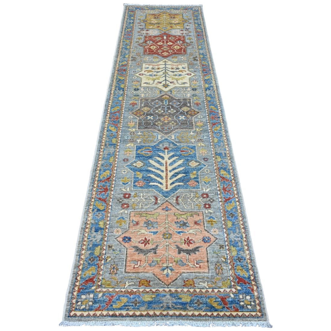 Akstafa Design Hand Knotted Wool Gray Runner Rug 2'8"x10'2: Akstafa Design Hand Knotted Wool Gray Runner Rug 2'8"x10'2 Hand-knotted with traditional Caucasian technique, this stunning gray wool runner rug boasts a geometric pattern and a rich, woven design. Ma