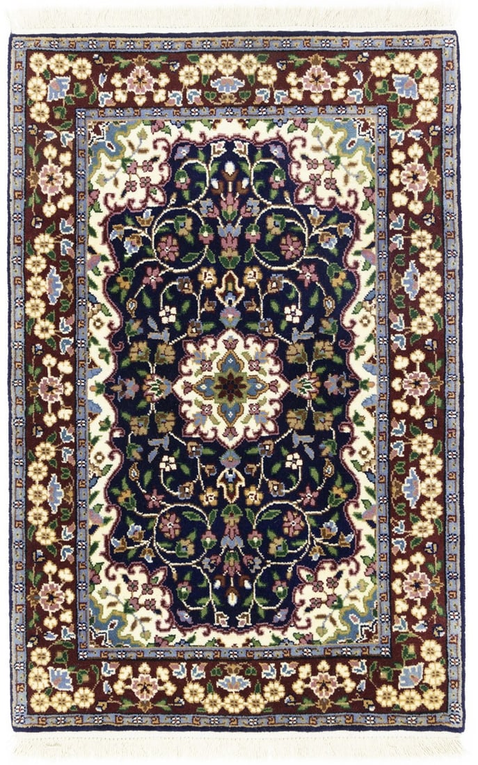 Handmade Kirman Rug Classic Floral Medallion Oriental Carpet Entryway 3X4 Hand-Knotted: Handmade Kirman Rug Classic Floral Medallion Oriental Carpet Entryway 3X4 Hand-Knotted Hand-knotted in wool, this 3x4 foot Classic Floral Medallion Oriental Carpet boasts a rich, dark navy and maroon 