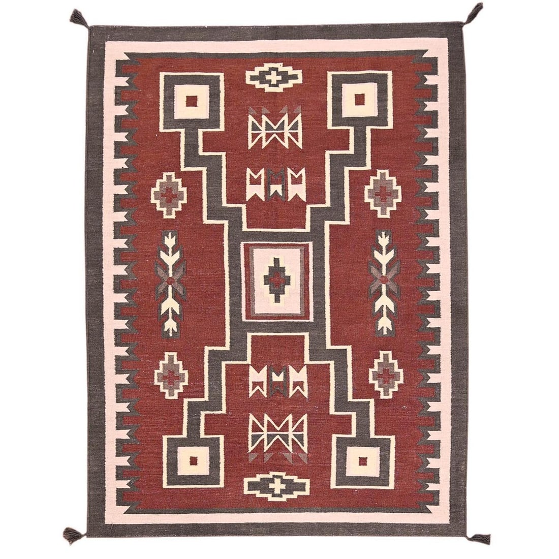 5'2"x7' Brown American Geometric Design Rug Flat Weave Hand Woven Wool: 5'2"x7' Brown American Geometric Design Rug Flat Weave Hand Woven Wool Hand-woven in Afghanistan, this 5'2"x7' rectangular field rug boasts a striking geometric design in rich brown hues, complemented