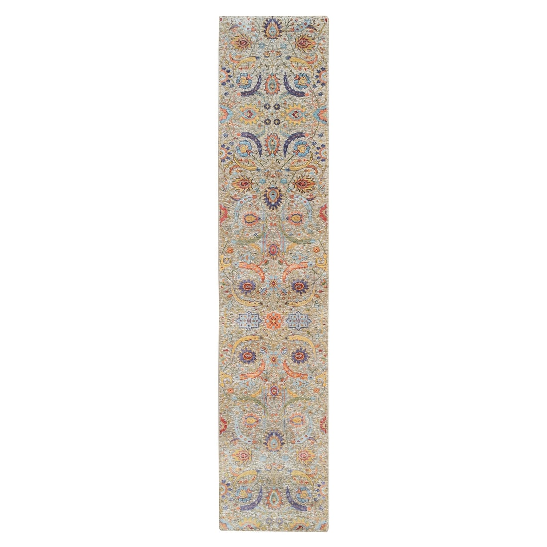 2'7"x12'4" Tan Sickle Leaf Design Silk With Wool Hand Knotted Runner Rug: 2'7"x12'4" Tan Sickle Leaf Design Silk With Wool Hand Knotted Runner Rug Tan Sickle Leaf Design Silk With Wool Hand Knotted Runner Rug measures 148 inches long and 31 inches wide, featuring a beige co